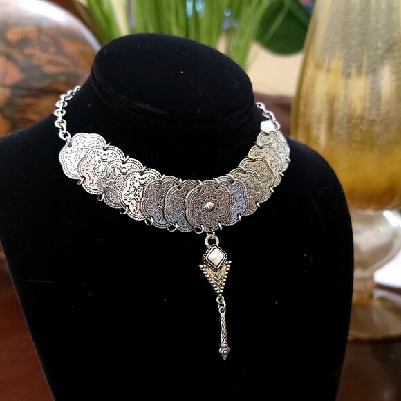 Vintage Silver Statement Choker Necklace Ornate Etched Plates with Pendant Drop - Picture 5 of 10